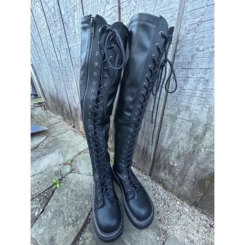 Demonia Emily 375 Black Thigh High Lace Up Platform Boots Goth Punk Artsy Size 8